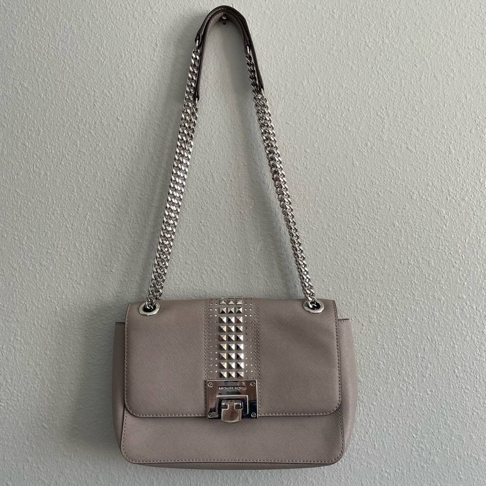 Tan Leather Shoulder Bag with Studded Flap